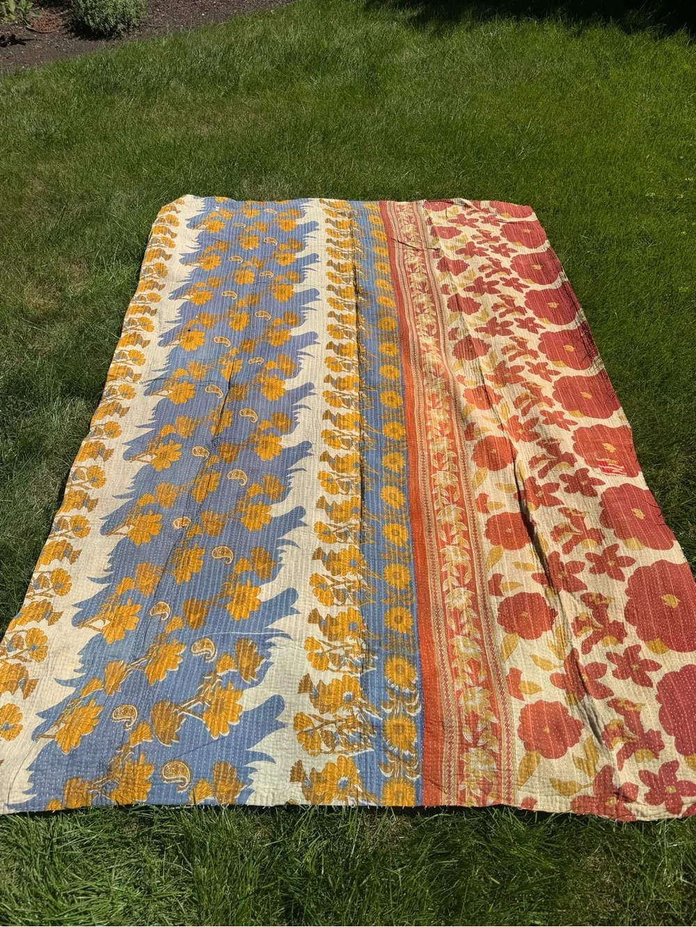 Vintage Indian Kantha Quilt Reversible Floral Sari Blanket Rust Blue Gold Boho